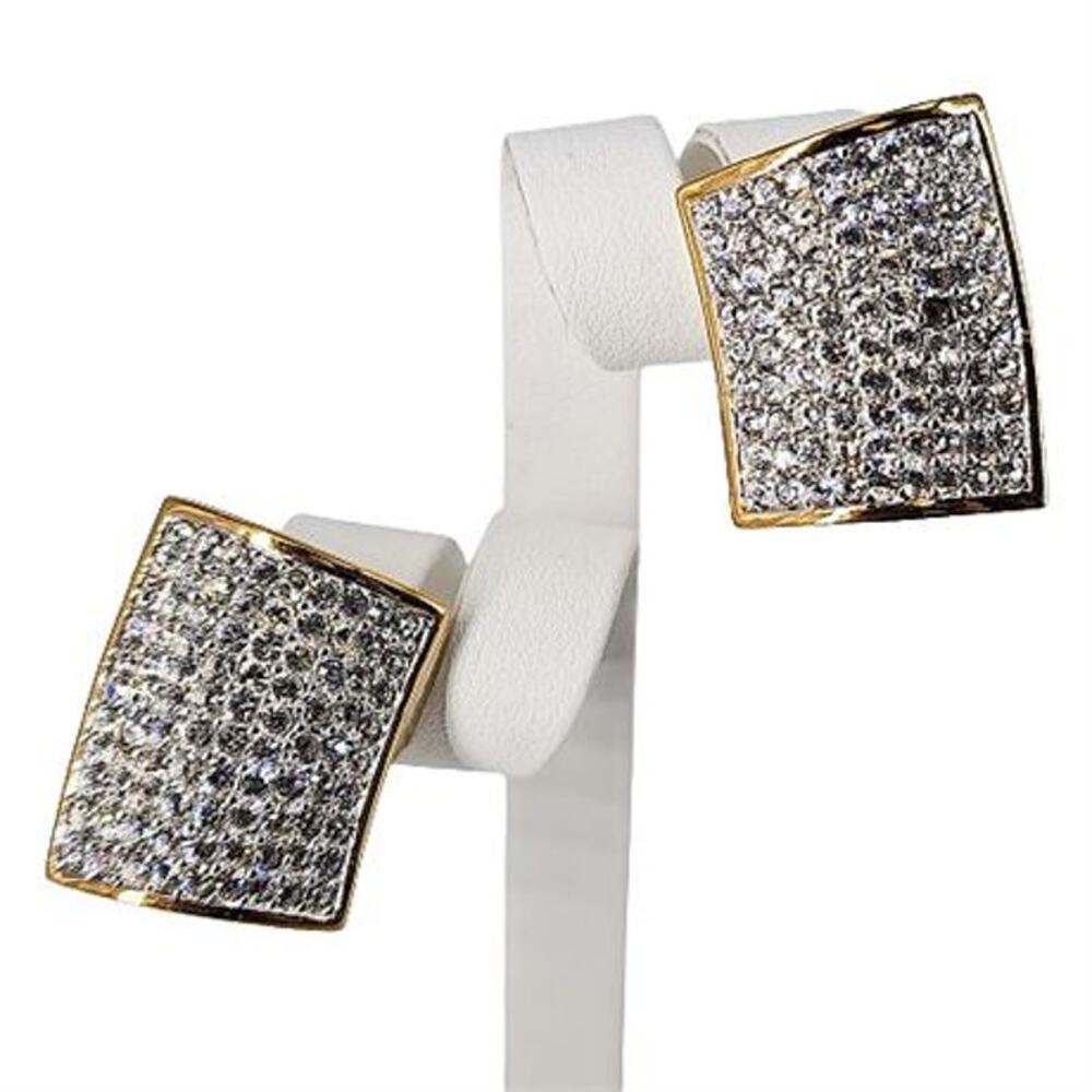 Swarovski Vintage Pave Crystal Gold Square Clip On Earrings Glam Party Costume